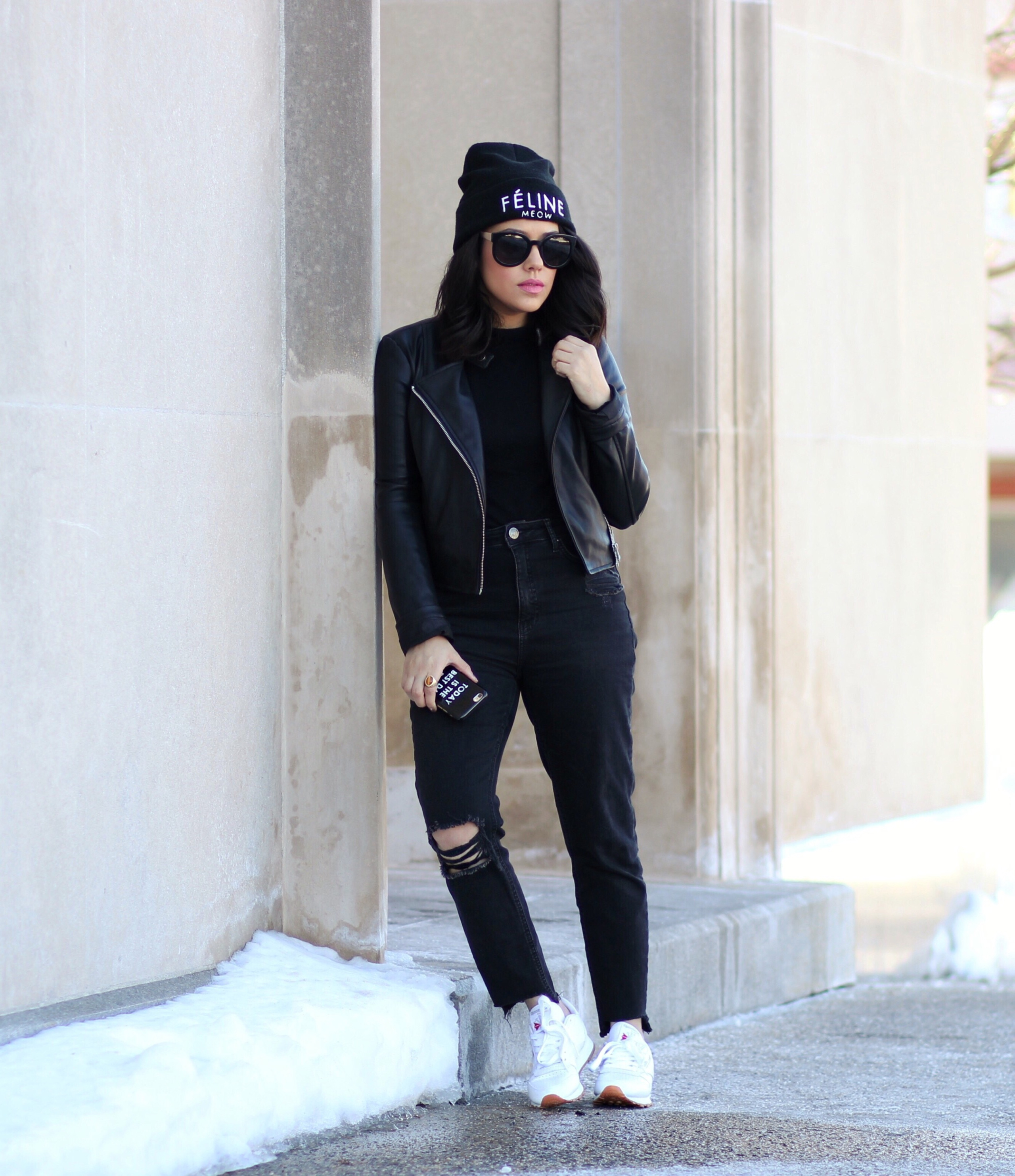 black outfit white sneakers