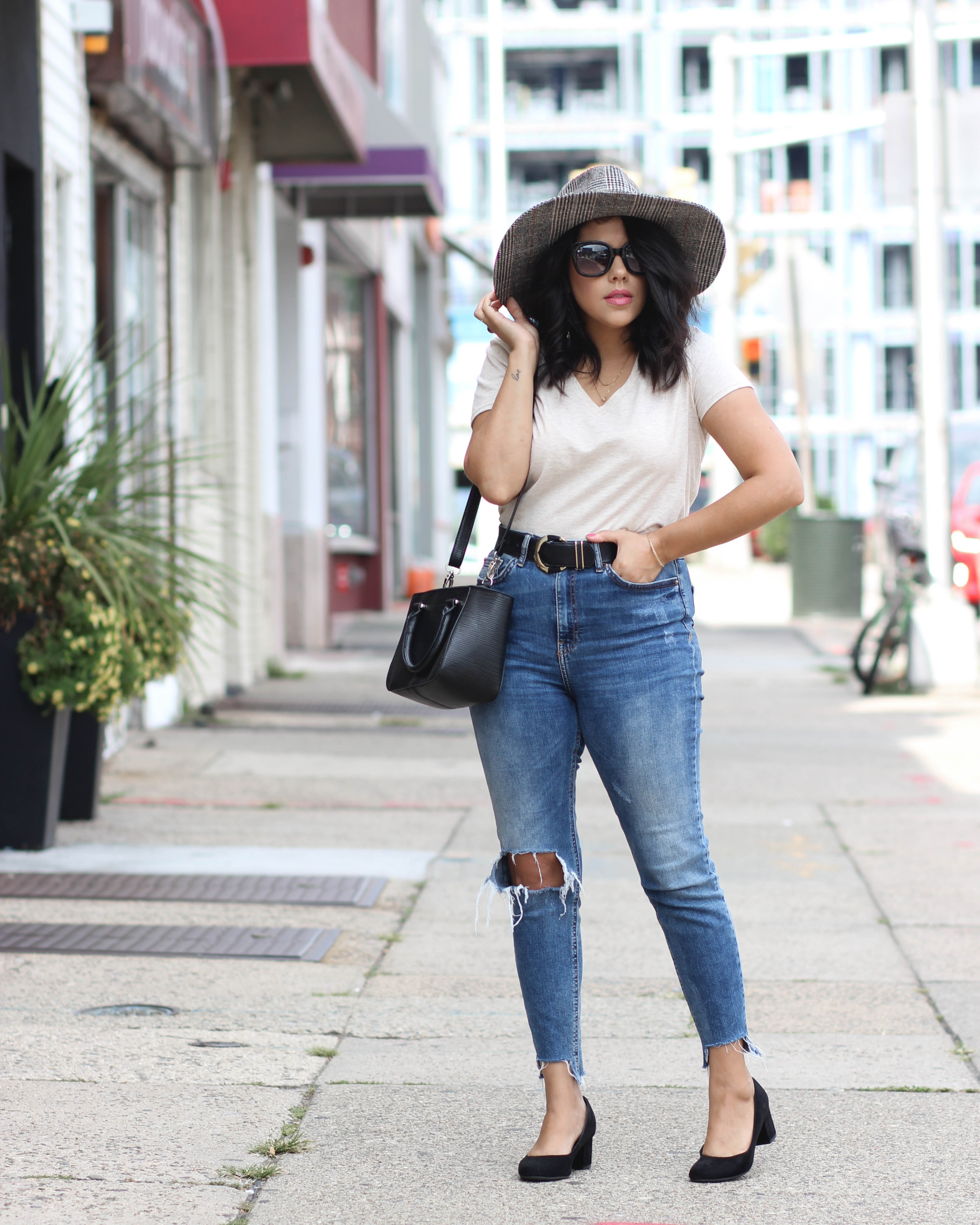 J'Adorable: Striped tee, Faux leather skirt & Leopard clutch