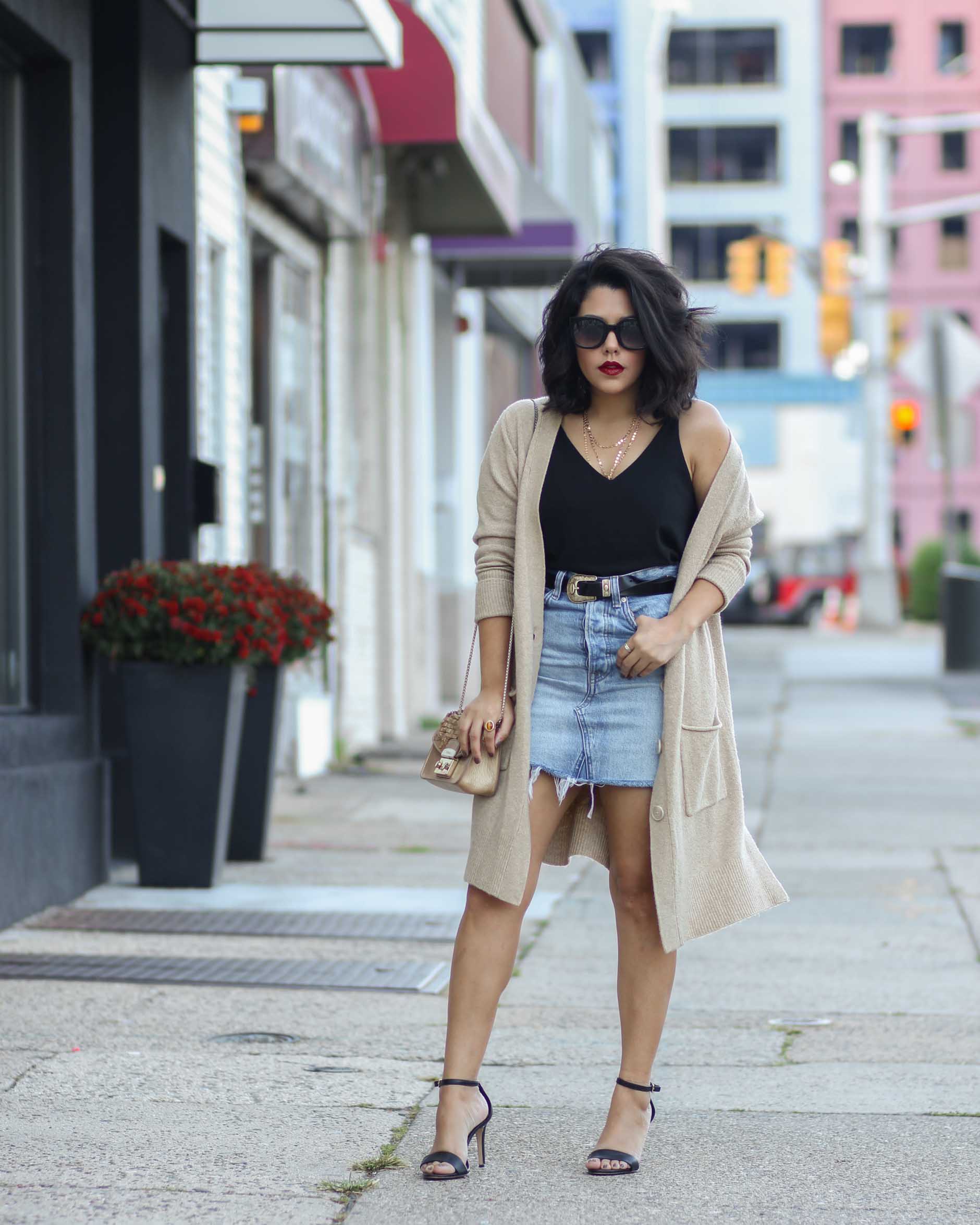 denim skirt with cardigan