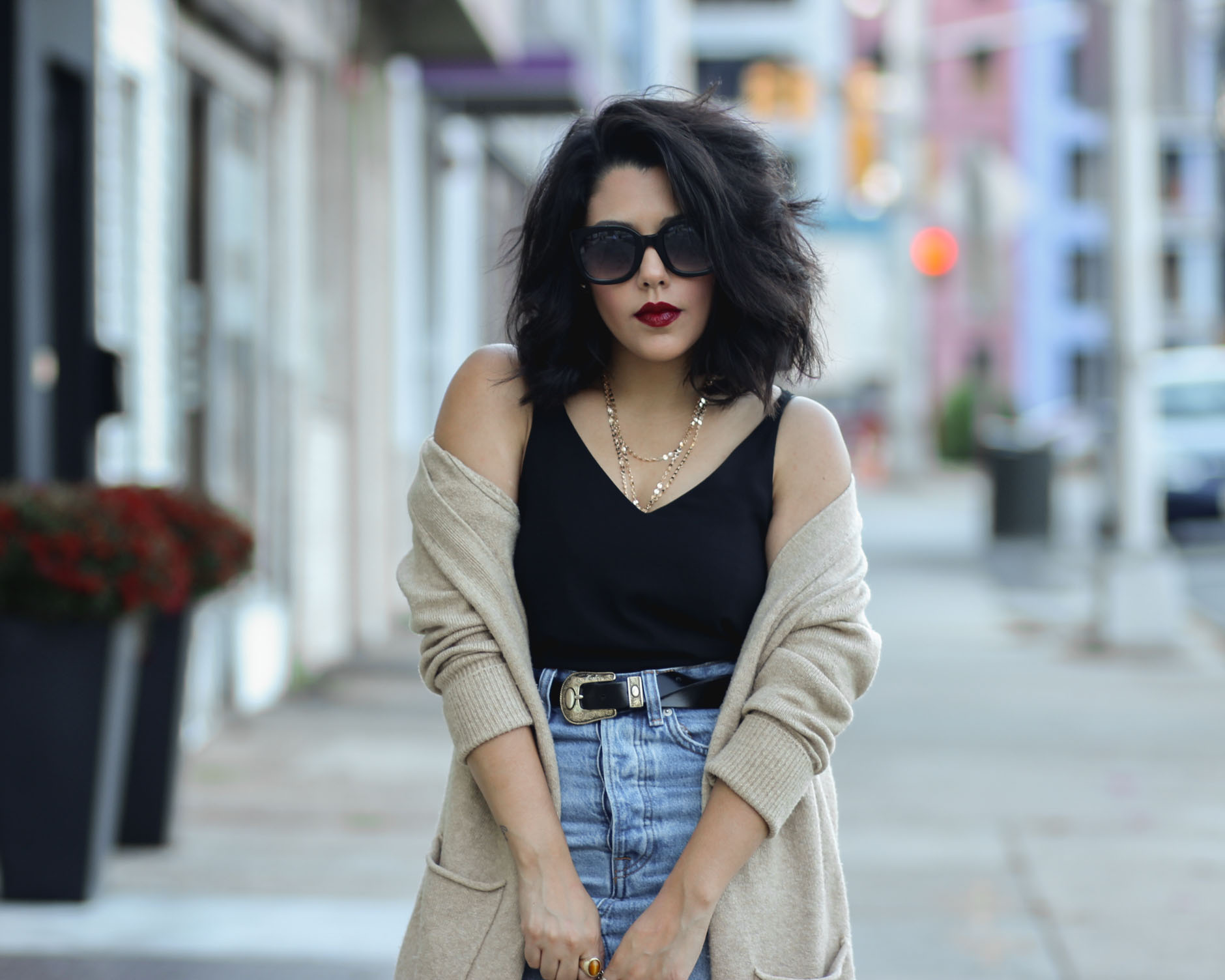 denim skirt with cardigan