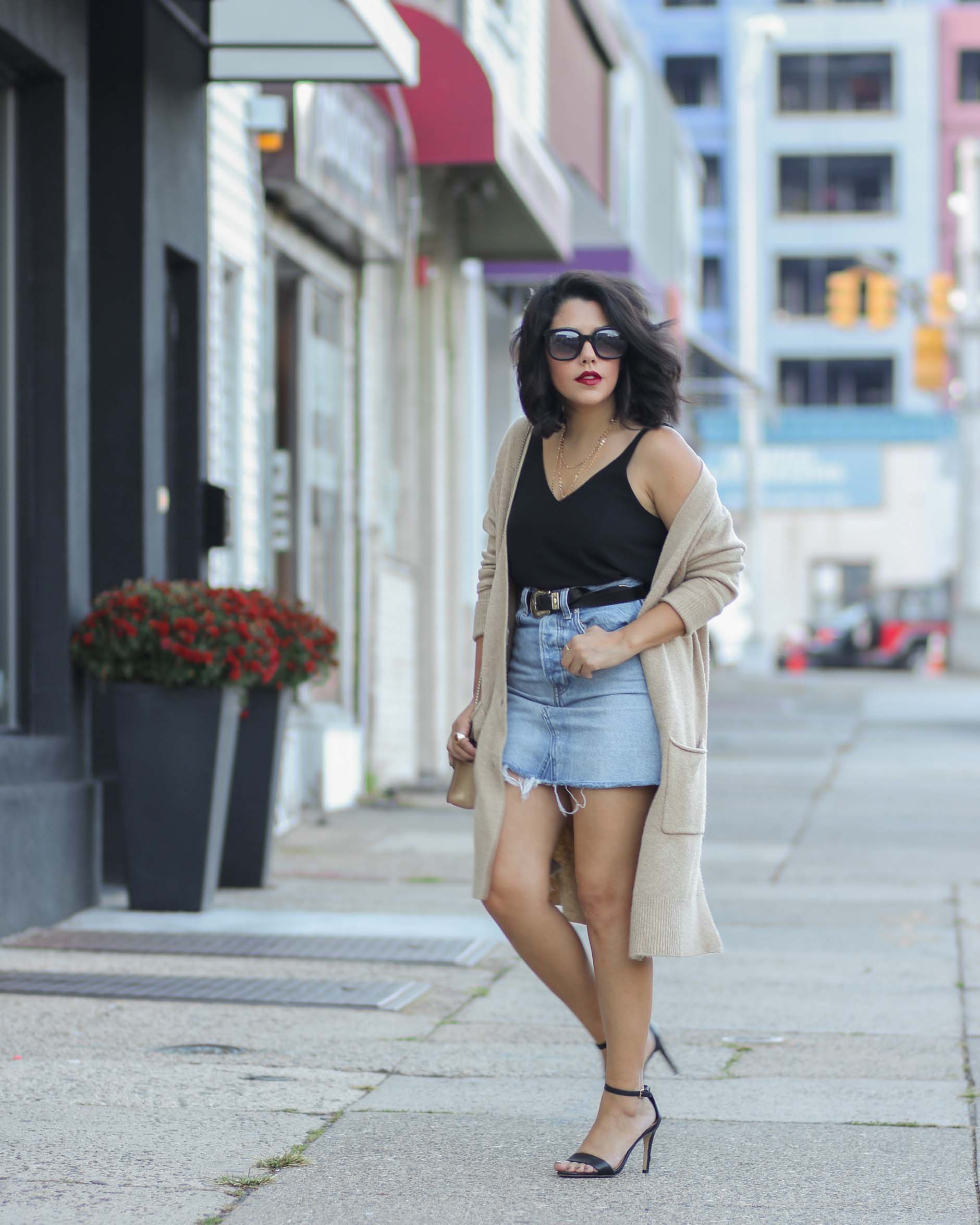 J'Adorable: Striped tee, Faux leather skirt & Leopard clutch