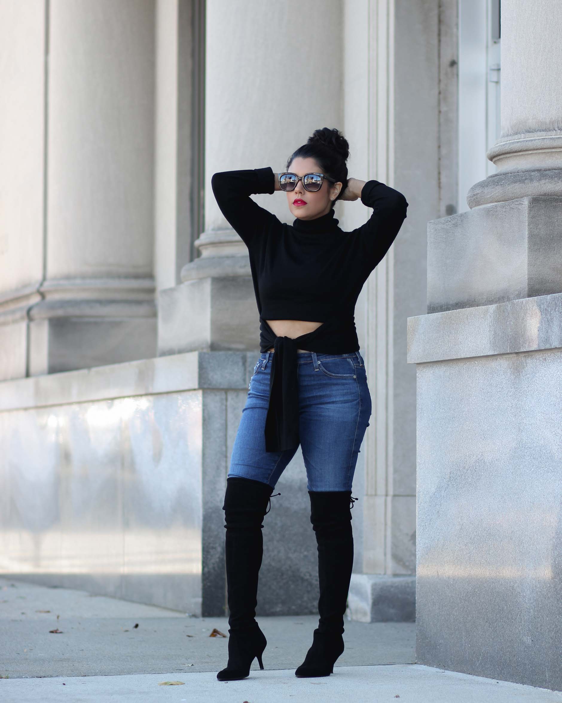lifestyle blogger naty michele wearing stuart weitzman otk boots and a kendall and kylie sweater