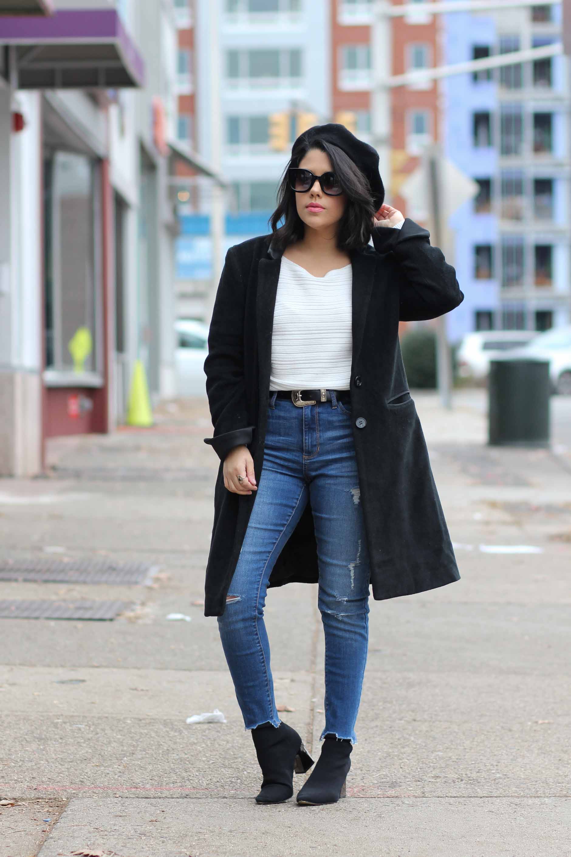 lifestyle blogger naty michele wearing denim with a beret and black coat