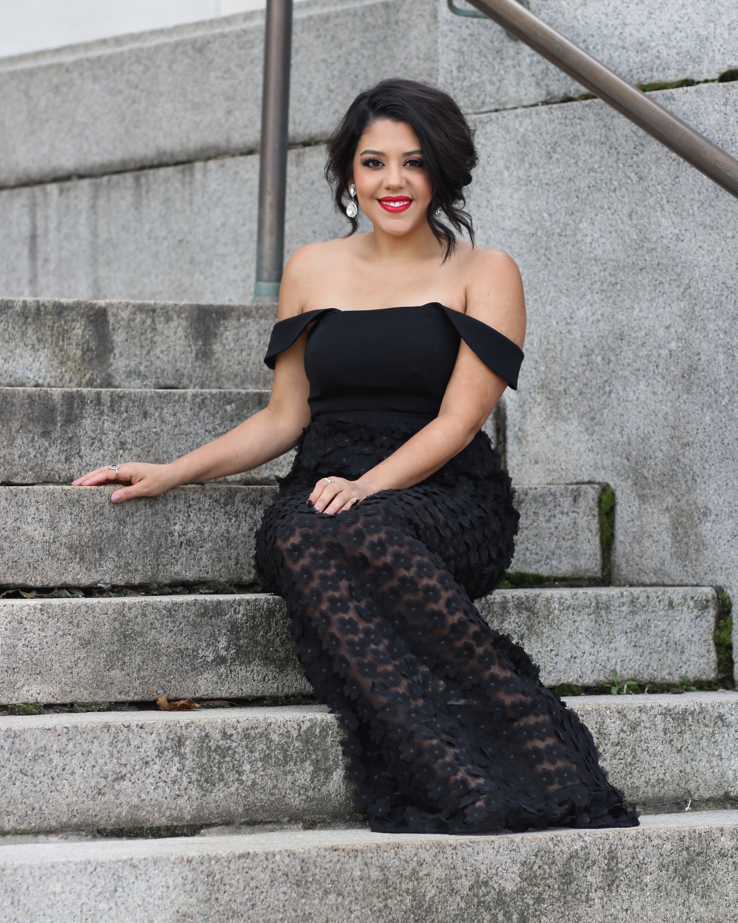lifestyle blogger naty michele birthday wearing black evening gown 