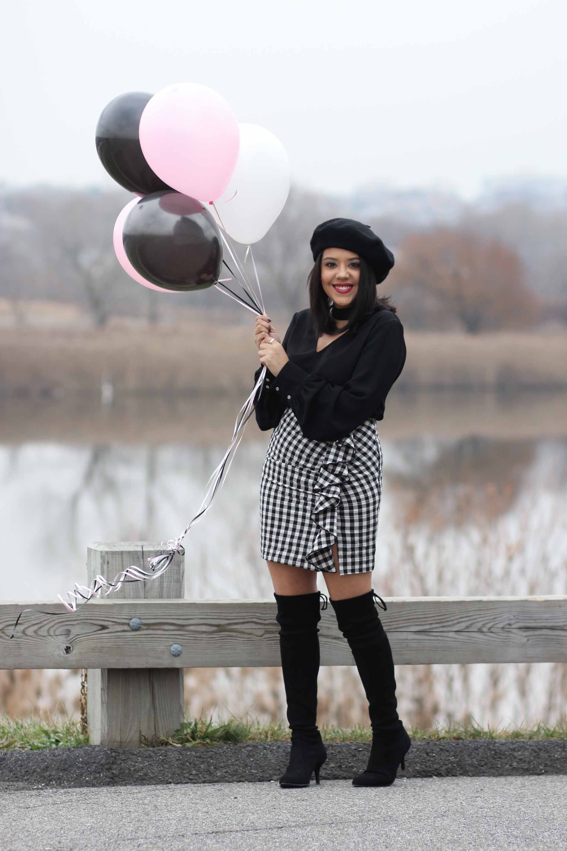 naty michele wearing beret, otk boots and gingham skirt