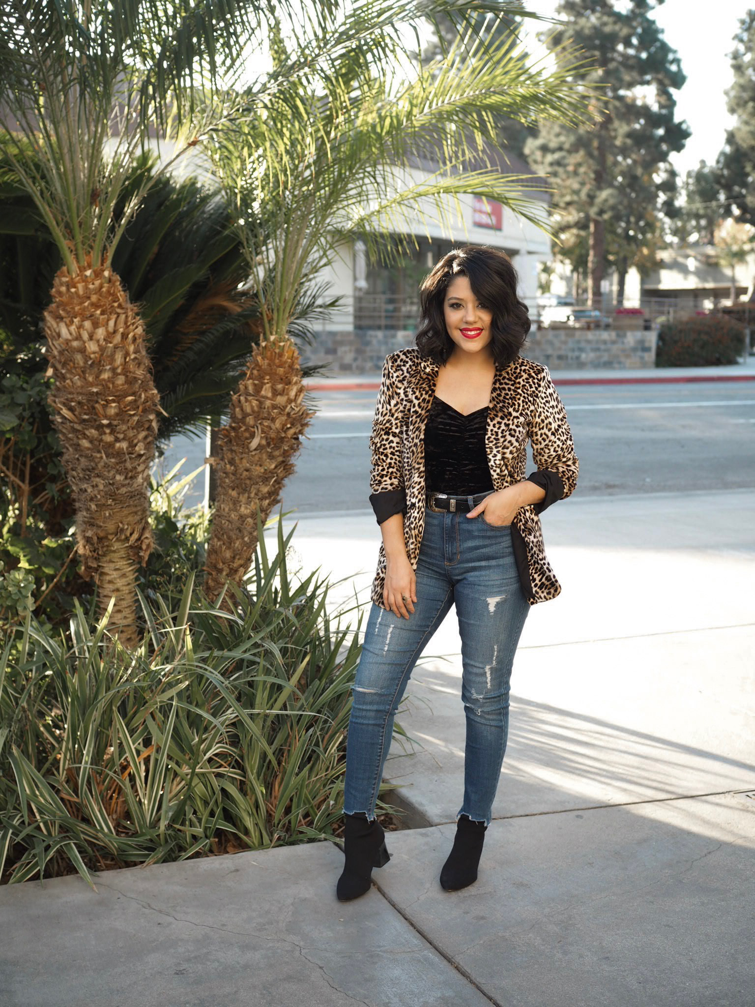 naty michele wearing a velet leopard blazer in LA 