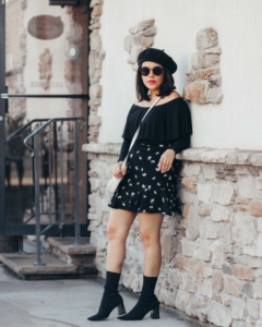 beret with skirt and sock boots