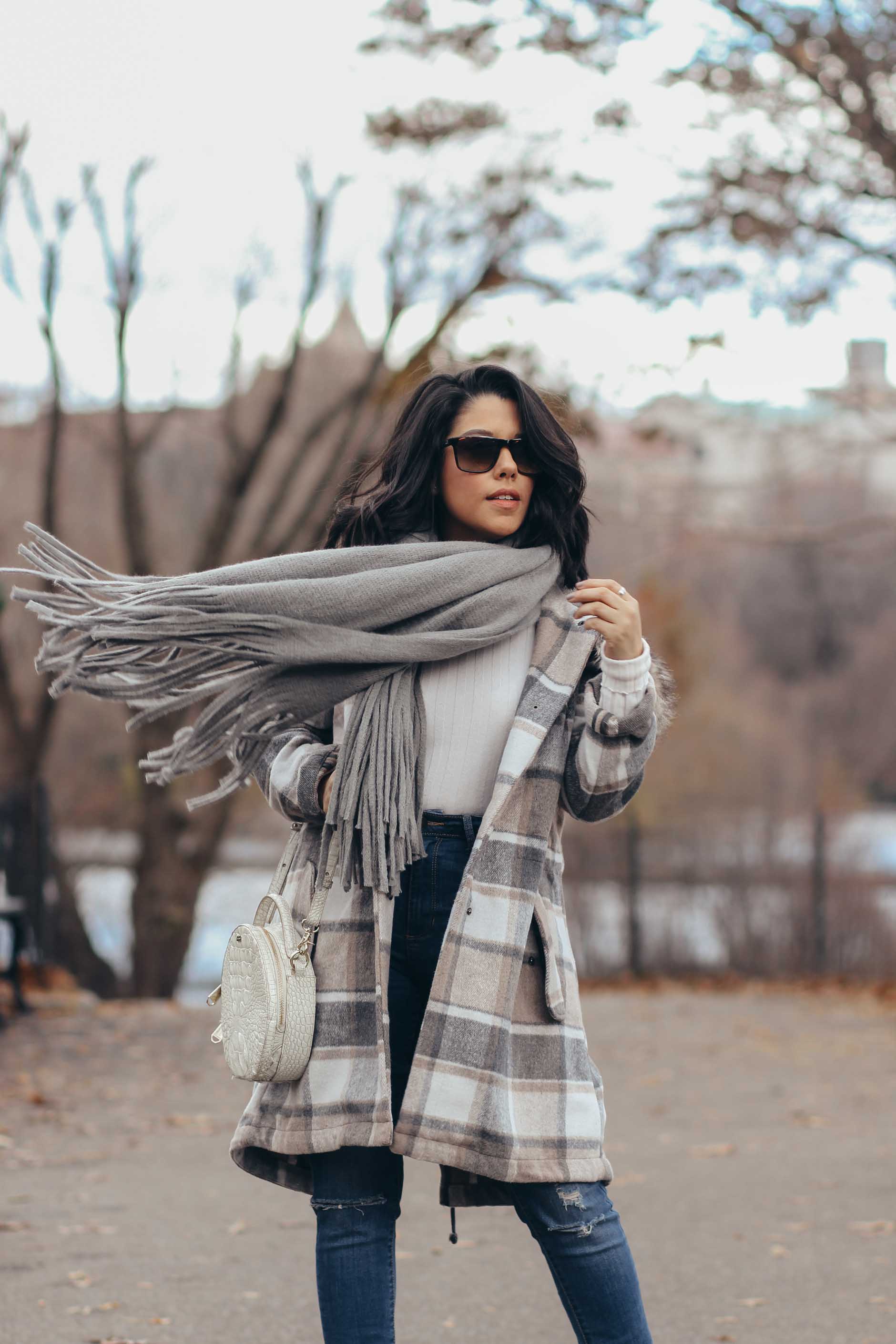 lifestyle blogger naty michele wearing stitch fix plaid coat and grey fringe scarf