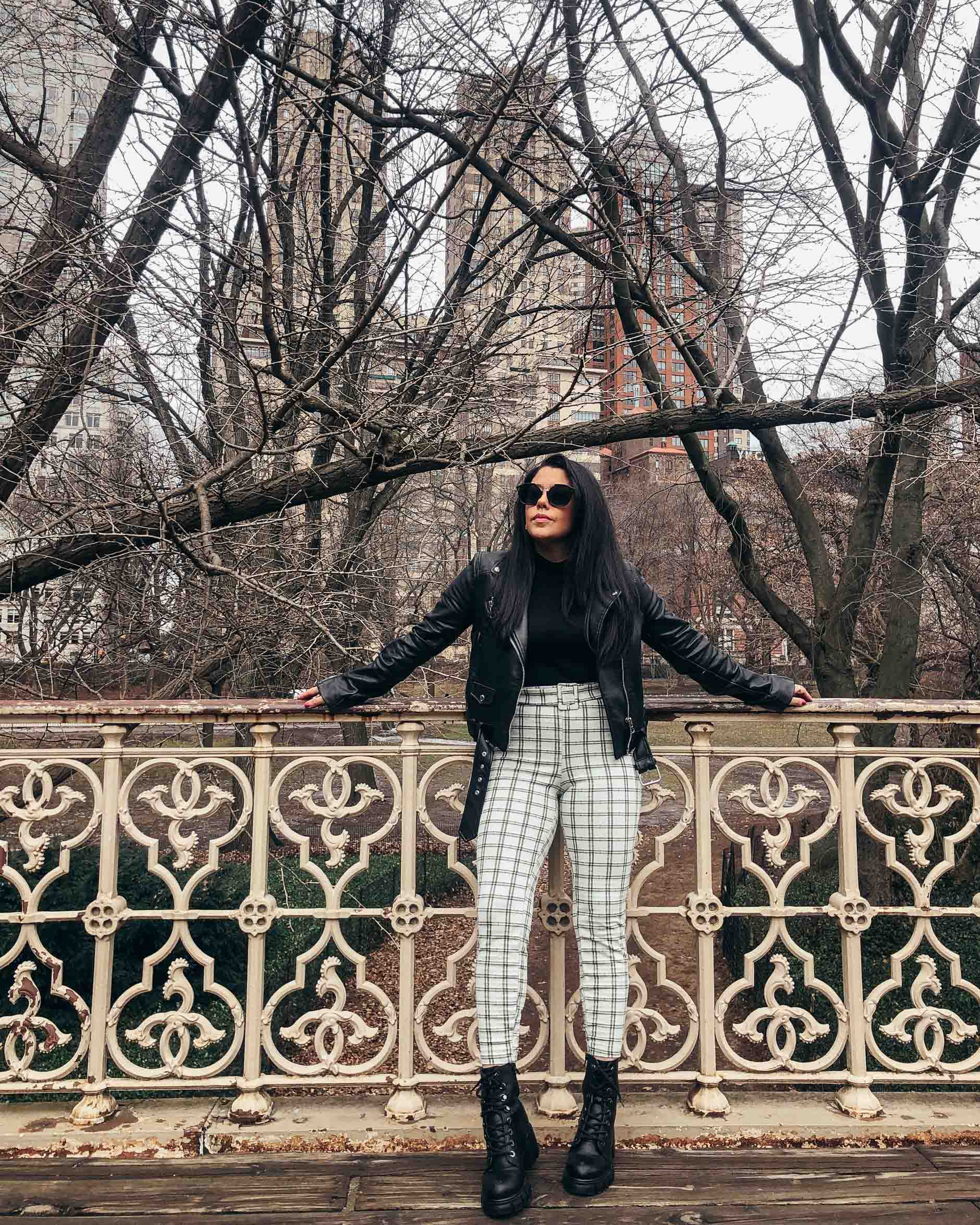 naty michele at central park wearing combat boots and leather jacket